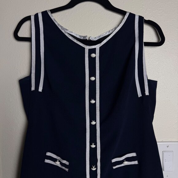 VTG Sonia K Navy & White Sleeveless Dress w/ Pleated Hem Button Front Sz M - Picture 2 of 10